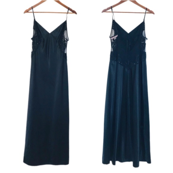 VICTORIAS SECRET Vtg Black Sheer Slip Dress Beaded Sequin Dark Fairy Whimsigoth - Picture 1 of 14